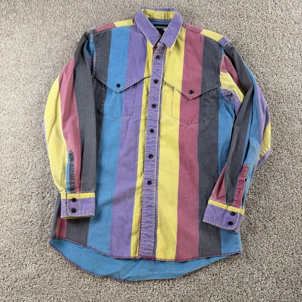 Vintage Wrangler Brushpopper Shirt Mens Med 15.5 34 Multicolor Western Button Up